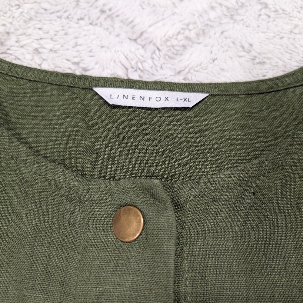 Linenfox Jumpsuit Womens L/XL Green Linen Martin Coverall Snap Up Minimalist - Picture 3 of 9